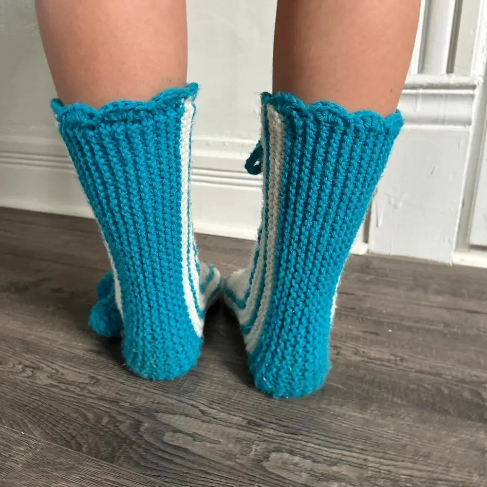 Vintage Knit Woven Crochet Striped Pom Pon Lace Up Leg Warmers Socks Booties